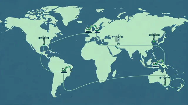 Map-style illustration of Zoomlion regional parts hubs on world construction corridors