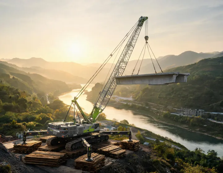Zoomlion crawler crane lifting precast bridge girder with outriggers fully deployed