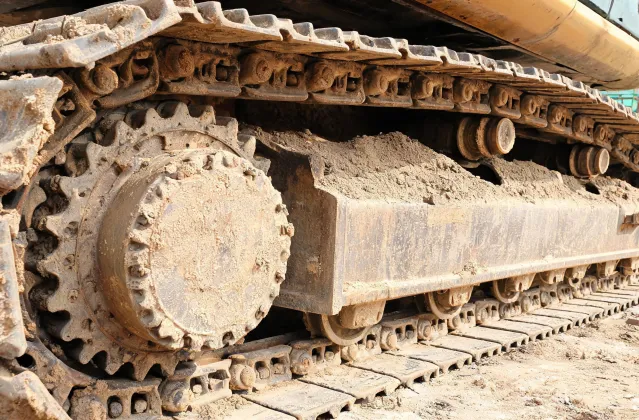 Excavator undercarriage track shoe and sprocket close-up