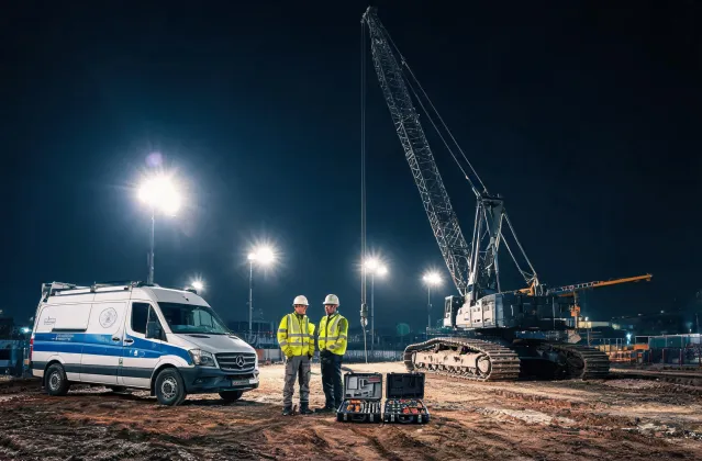 Field service van at floodlit night construction site