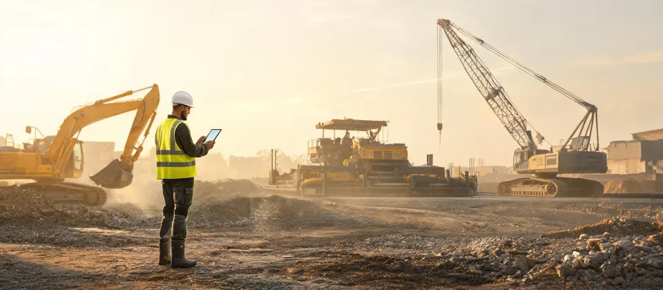 Site supervisor with tablet beside excavator, paver and crawler crane silhouettes