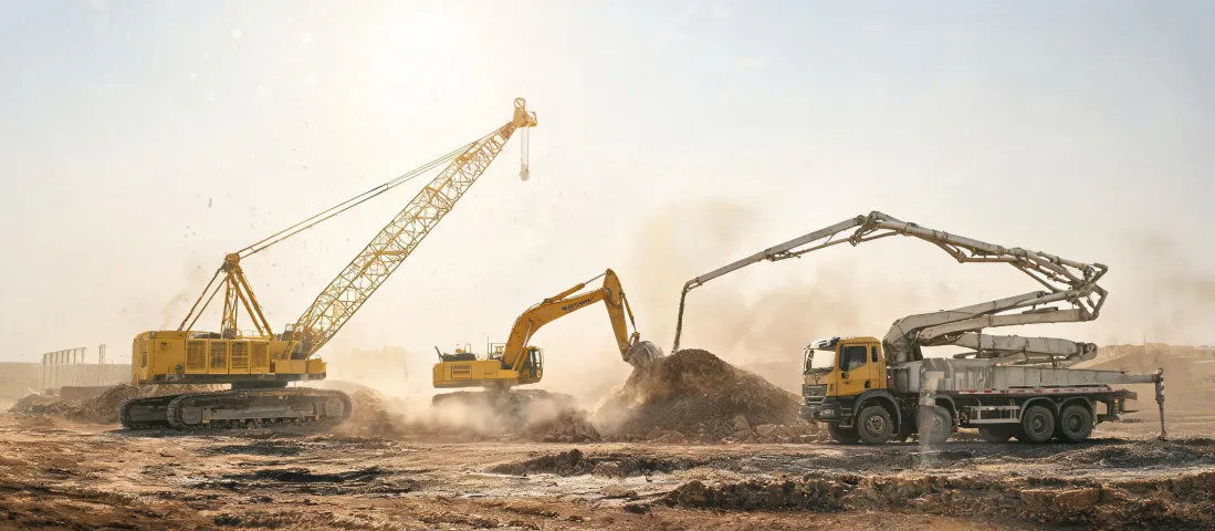Multi-machine construction worksite with crane, excavator and concrete pump
